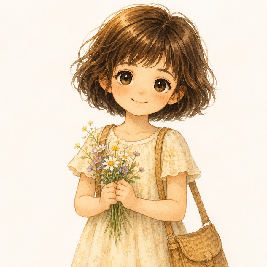 Reni, the Renimaa Stories character, holding a bouquet of flowers